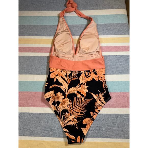 NWOT Tropical Coral + Black Floral One-Piece Swimsuit (Size S) - Picture 6 of 7
